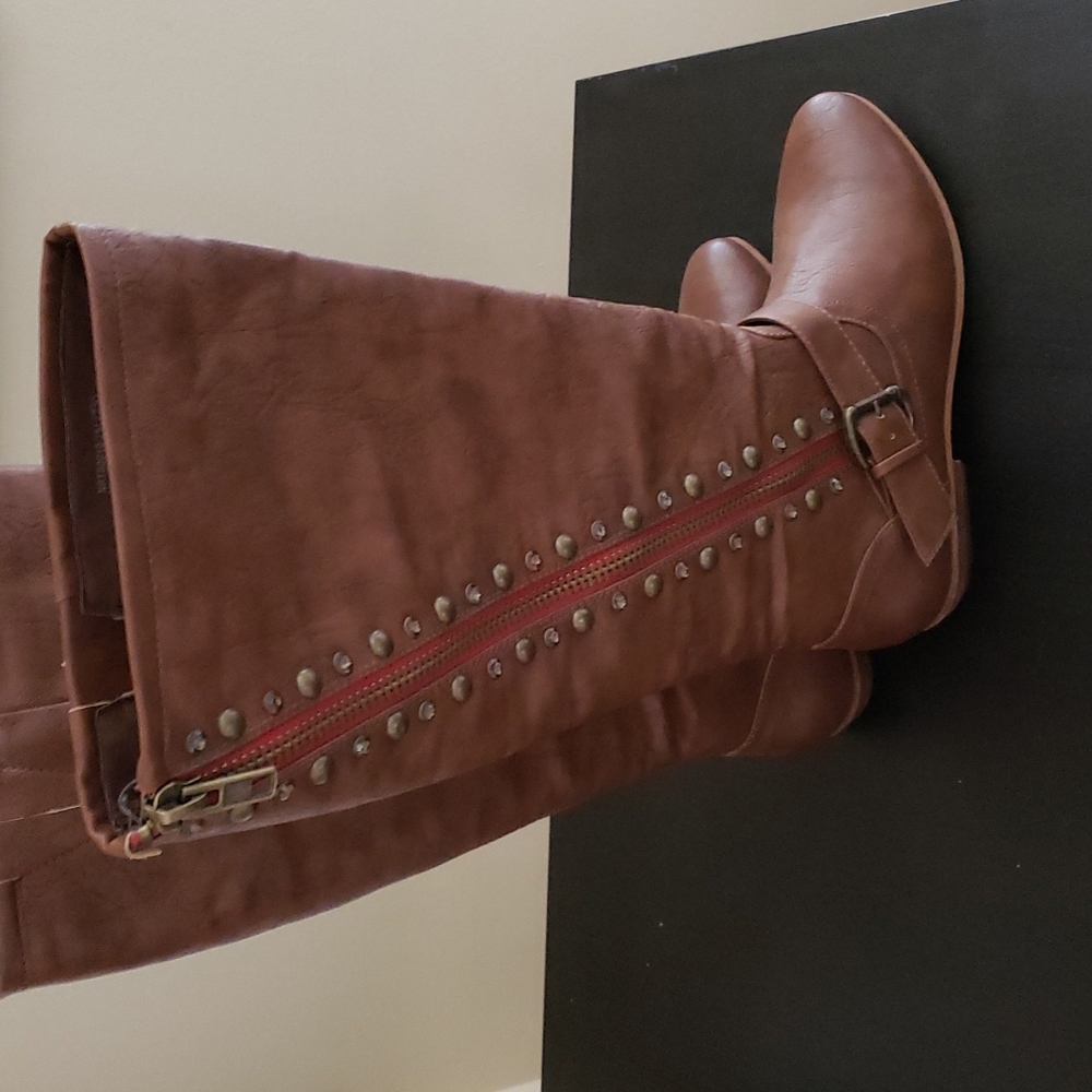 Not rated "mockingbird" tan/brown faux leather knee high studded boots NWOT